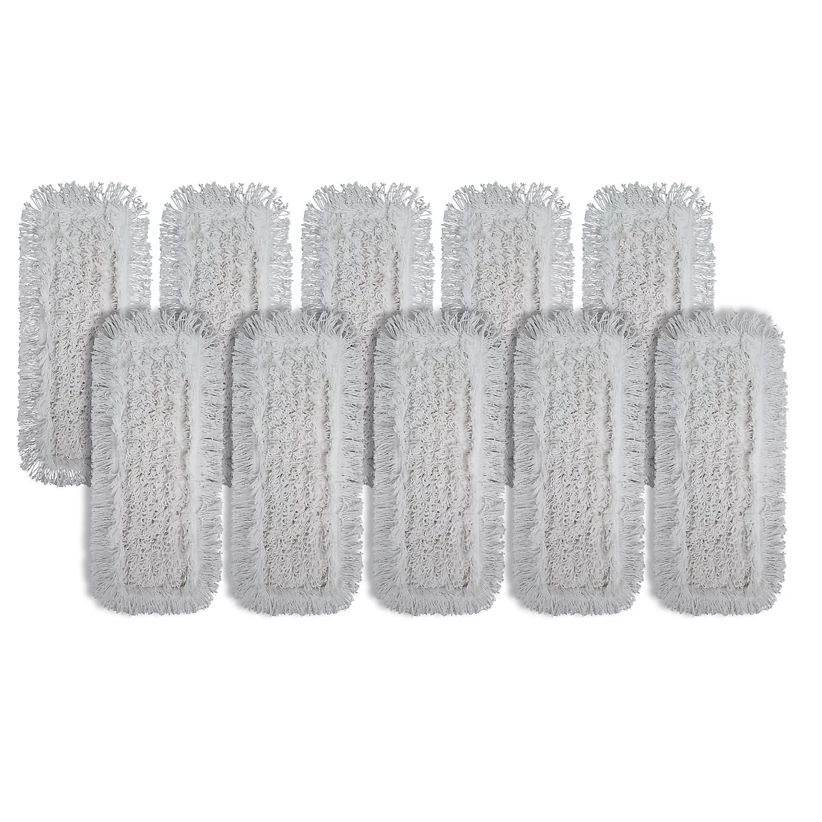 Arrangement of ten rectangular white mop pads, arranged against a white background.