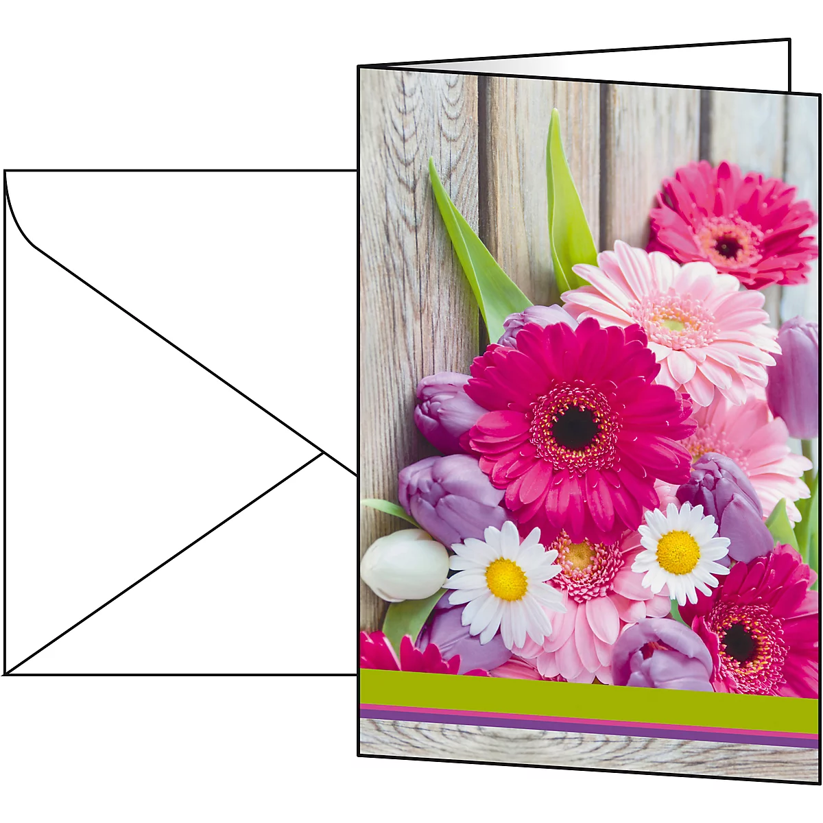 Greeting card with a bouquet of pink gerberas, tulips and daisies. On wood-look background. Envelope next to it.