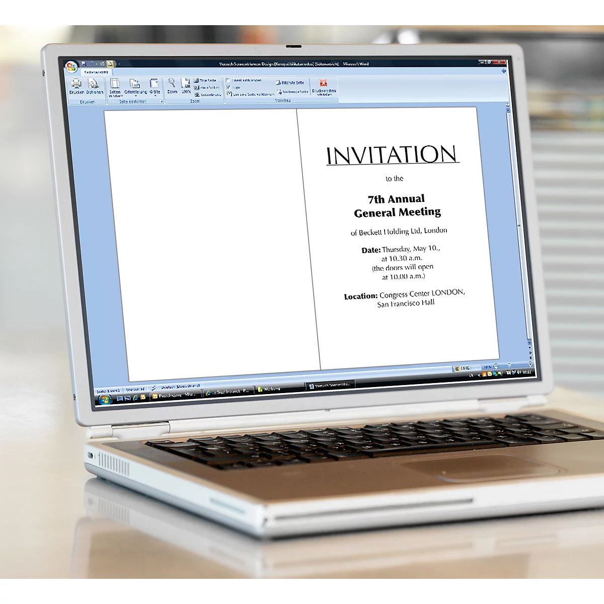 Laptop displays an invitation text: "7th Annual General Meeting of Beckett Holding Ltd, London."