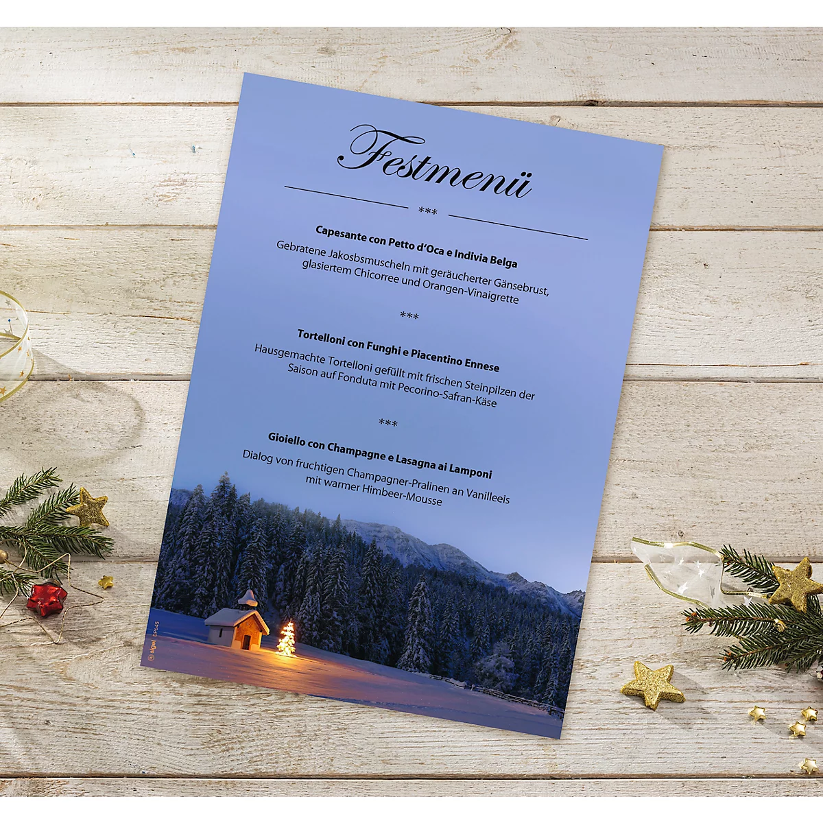 Motivpapier Sigel Christmas Chapel, A4, Winterwald-Motiv, für Drucker/Kopierer geeignet, FSC®-Papier, blau, 100 Blatt