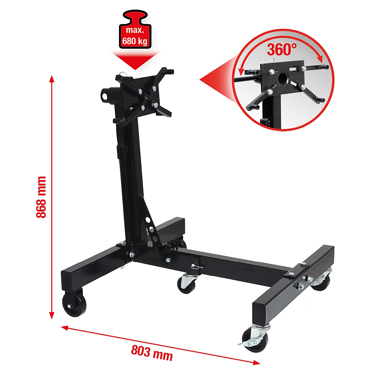 Schwarzer Motorständer mit Rädern. Maximale Tragkraft 680 kg. Abmessungen 868 mm x 803 mm. 360° drehbar.