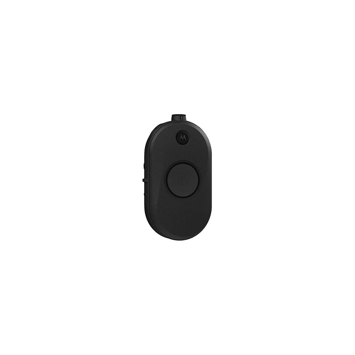 Schwarzes Motorola-Funkgerät, ovales Design, mittig großer Knopf.