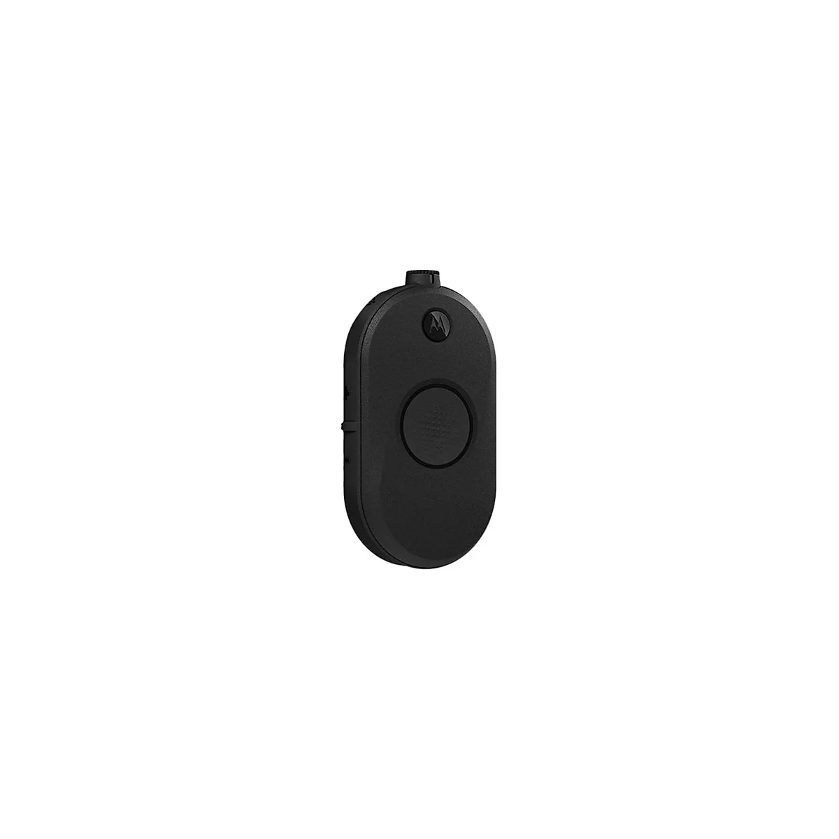 Schwarzer, ovalförmiger Notrufknopf mit einer großen Taste, Motorola-Logo und kleinem Knopf oben.