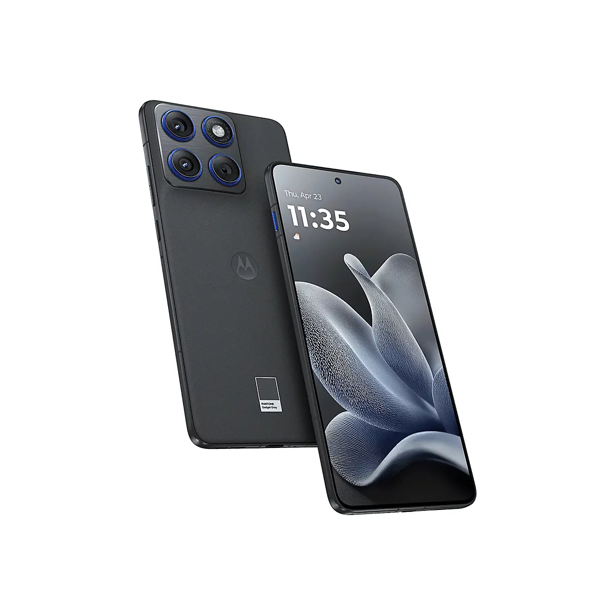 Zwei graue Smartphones vor weißem Hintergrund. Eines zeigt die Uhrzeit 11:35, das andere seine Rückseite mit Kameras.