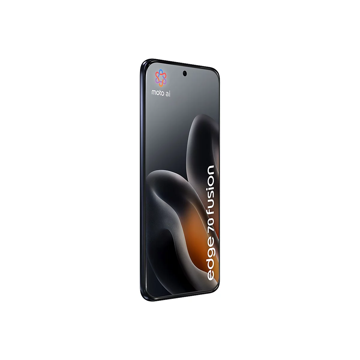 Schwarzes Smartphone mit abgerundeten Kanten. Auf dem Display: Schriftzug „edge 70 fusion“ und „moto ai“ Logo. Hintergrund: abstrakte Formen.