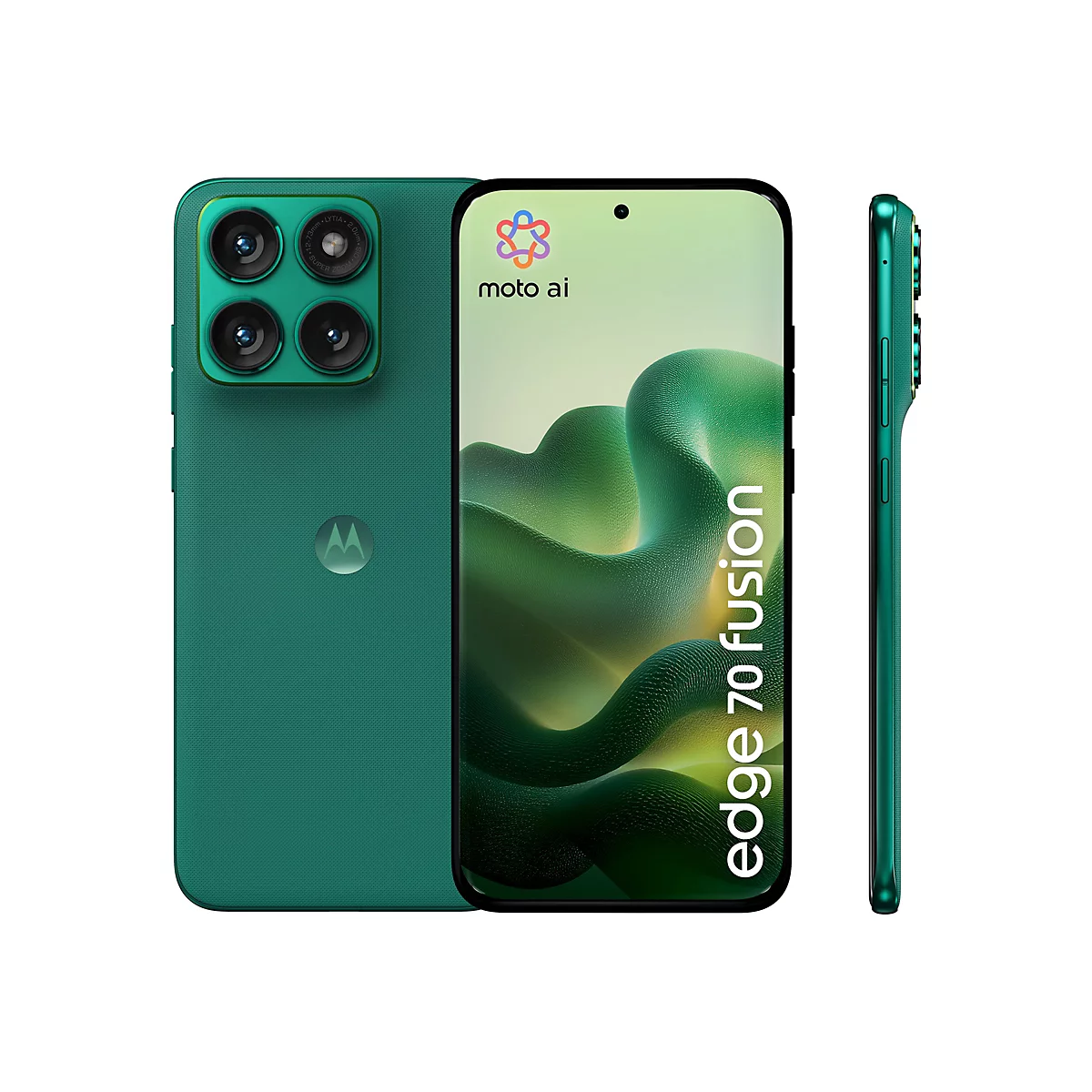 Grünes Smartphone, Vorder- und Seitenansicht. Rückseite mit Kamera, Logo. Bildschirm mit Moto Ai Logo und Landschaft. Aufschrift "edge 70 fusion".