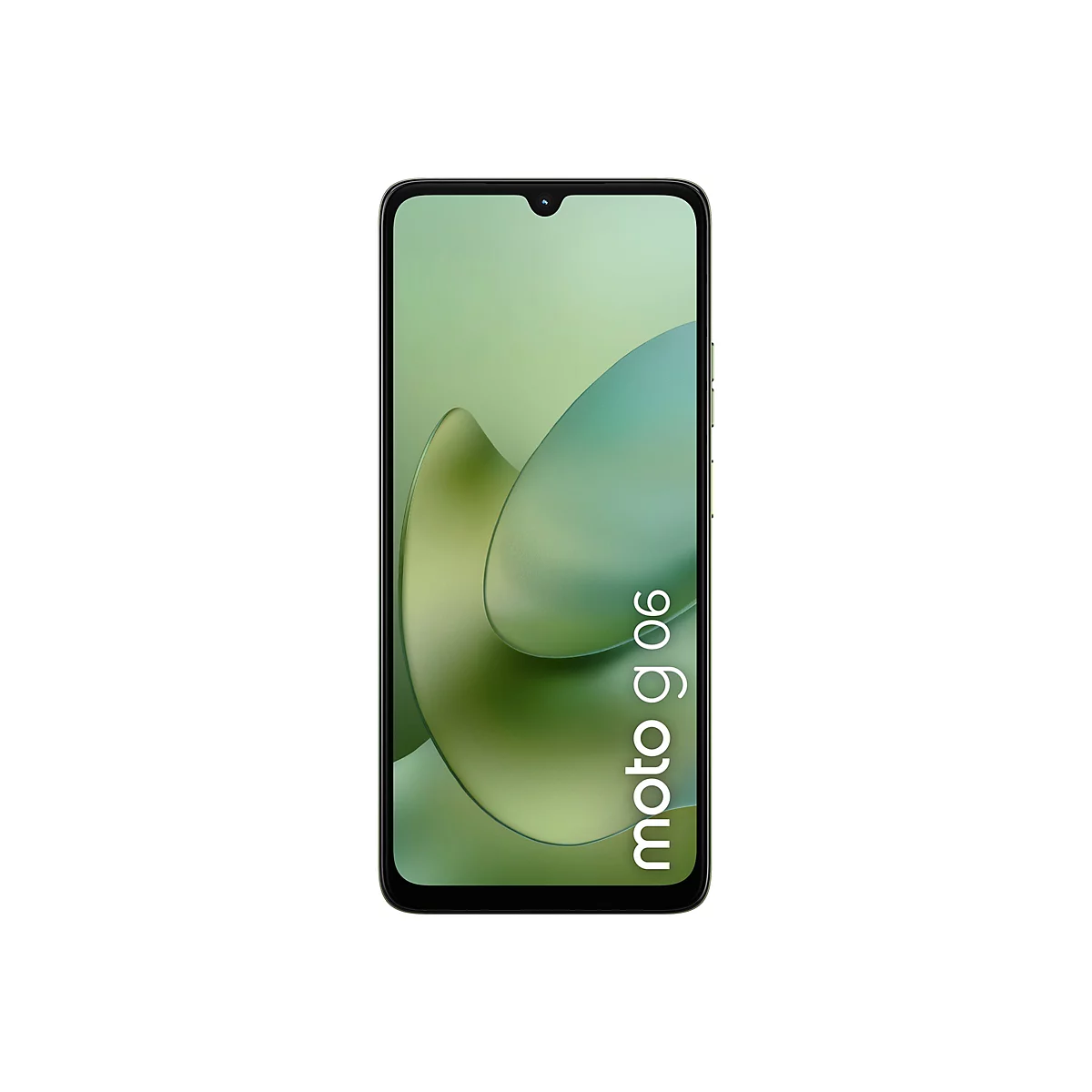 Ein schwarzes Smartphone mit dem Schriftzug "moto g06" auf einem grünen Hintergrund.