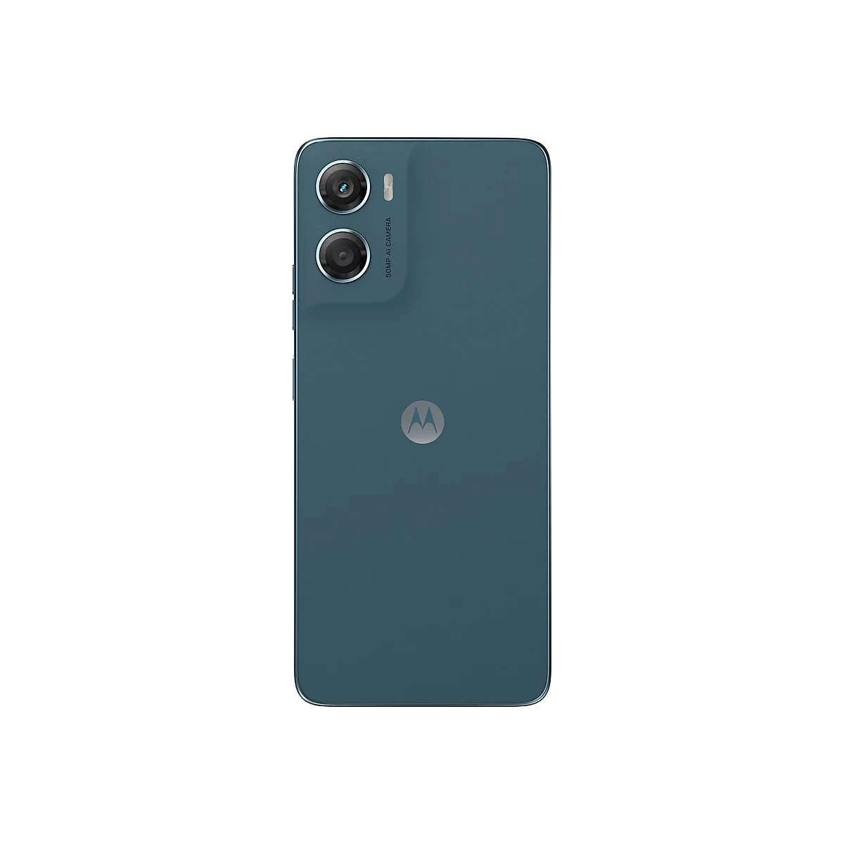 Rückansicht eines türkisfarbenen Smartphones mit Kamera-Linsen oben und Motorola-Logo unten.