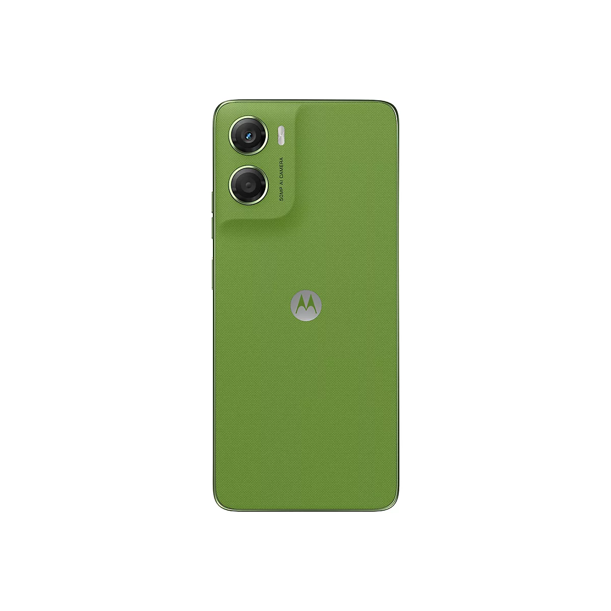 Rückseite eines grünen Smartphones mit Kameras und Motorola-Logo.