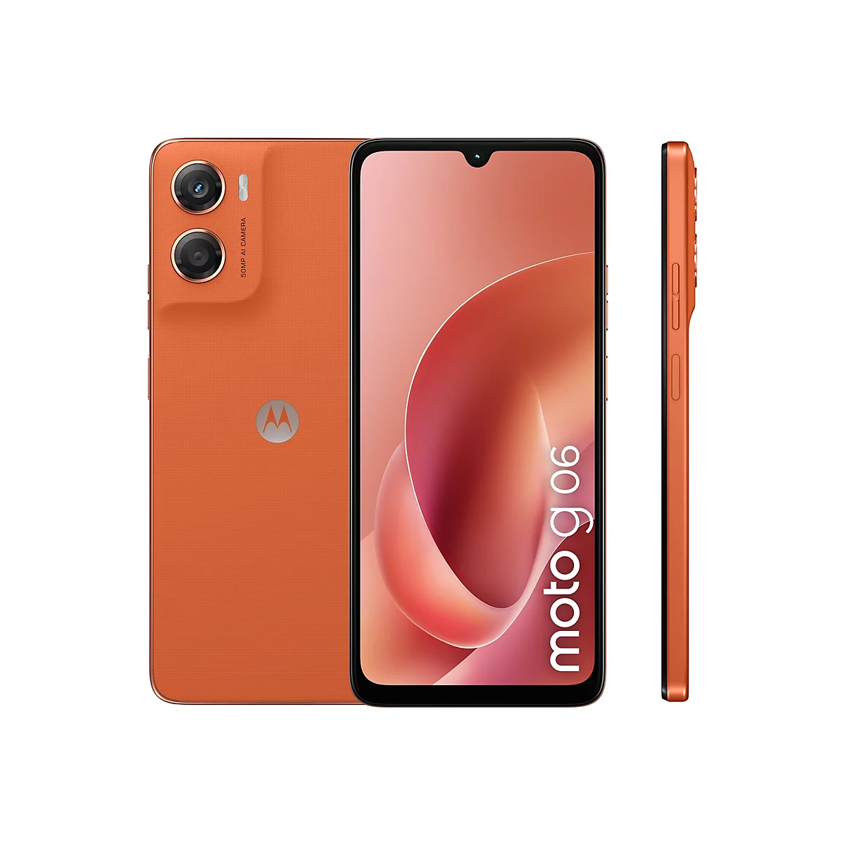 Orangefarbenes Smartphone, drei Ansichten. Rückseite mit Kamera und Logo, Front mit Display, Seite mit Knöpfen.