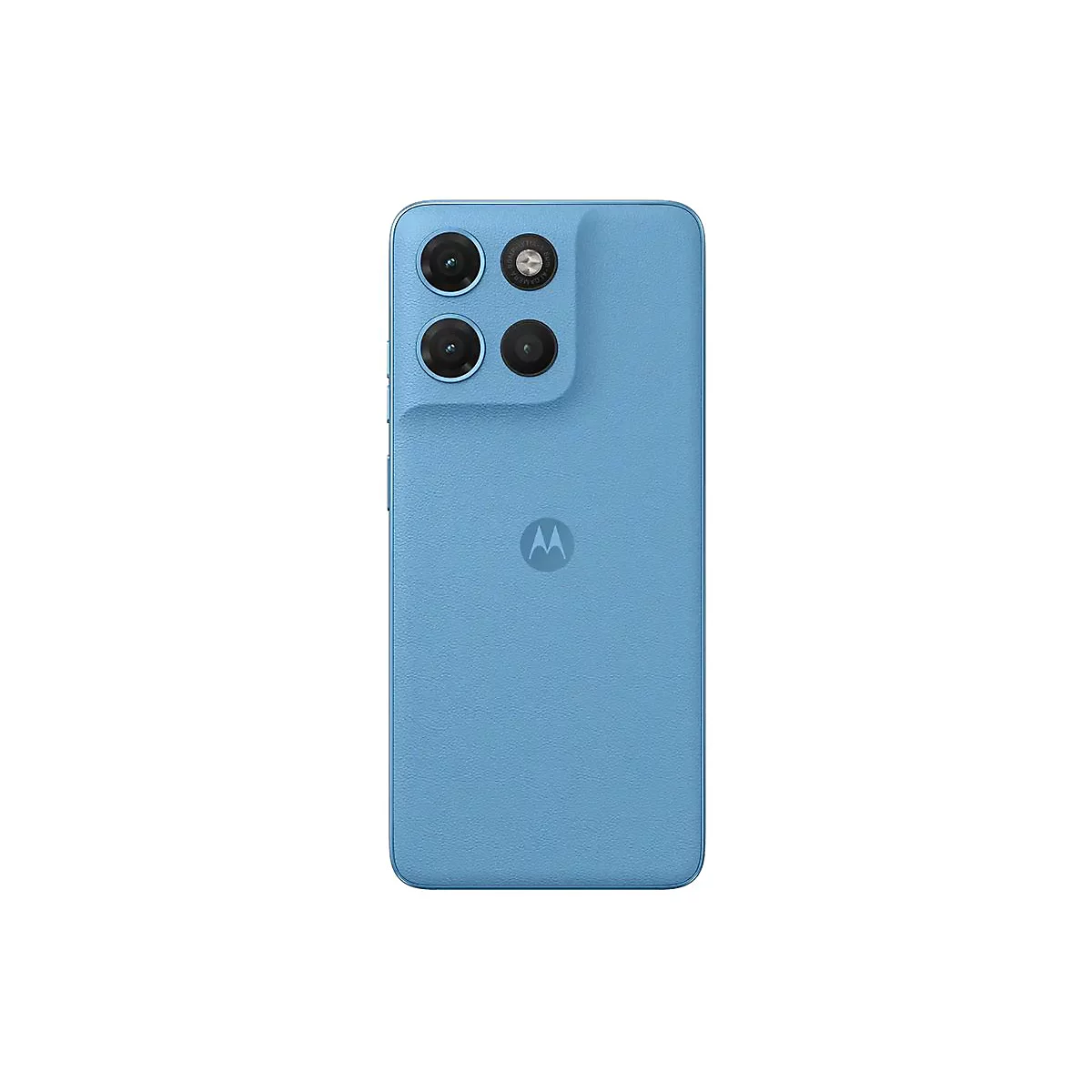 Hellblaues Smartphone von hinten. Vier Linsen und Motorola-Logo.