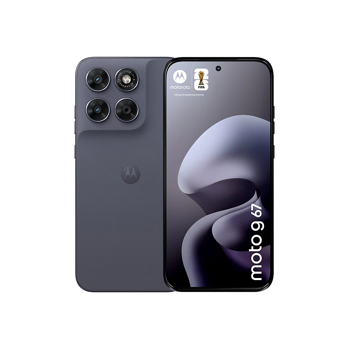 Dunkelgraues Smartphone mit mehreren Kameralinsen, Motorola-Logo, FIFA-Logo und dem Schriftzug "moto 9 67".
