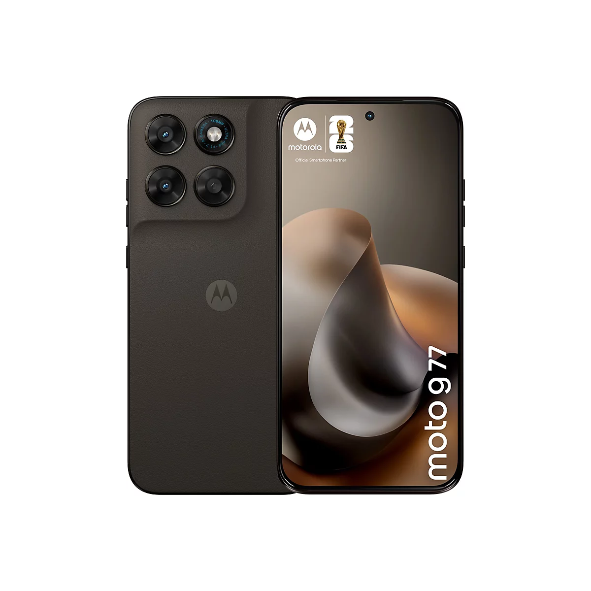 Ein schwarzes Smartphone, das auf beiden Seiten gezeigt wird. Auf der linken Seite befinden sich vier Objektive, auf der rechten Seite ist das Display mit dem Schriftzug "moto g77" zu sehen. Das Motorola-Logo und das FIFA-Logo sind ebenfalls sichtbar.