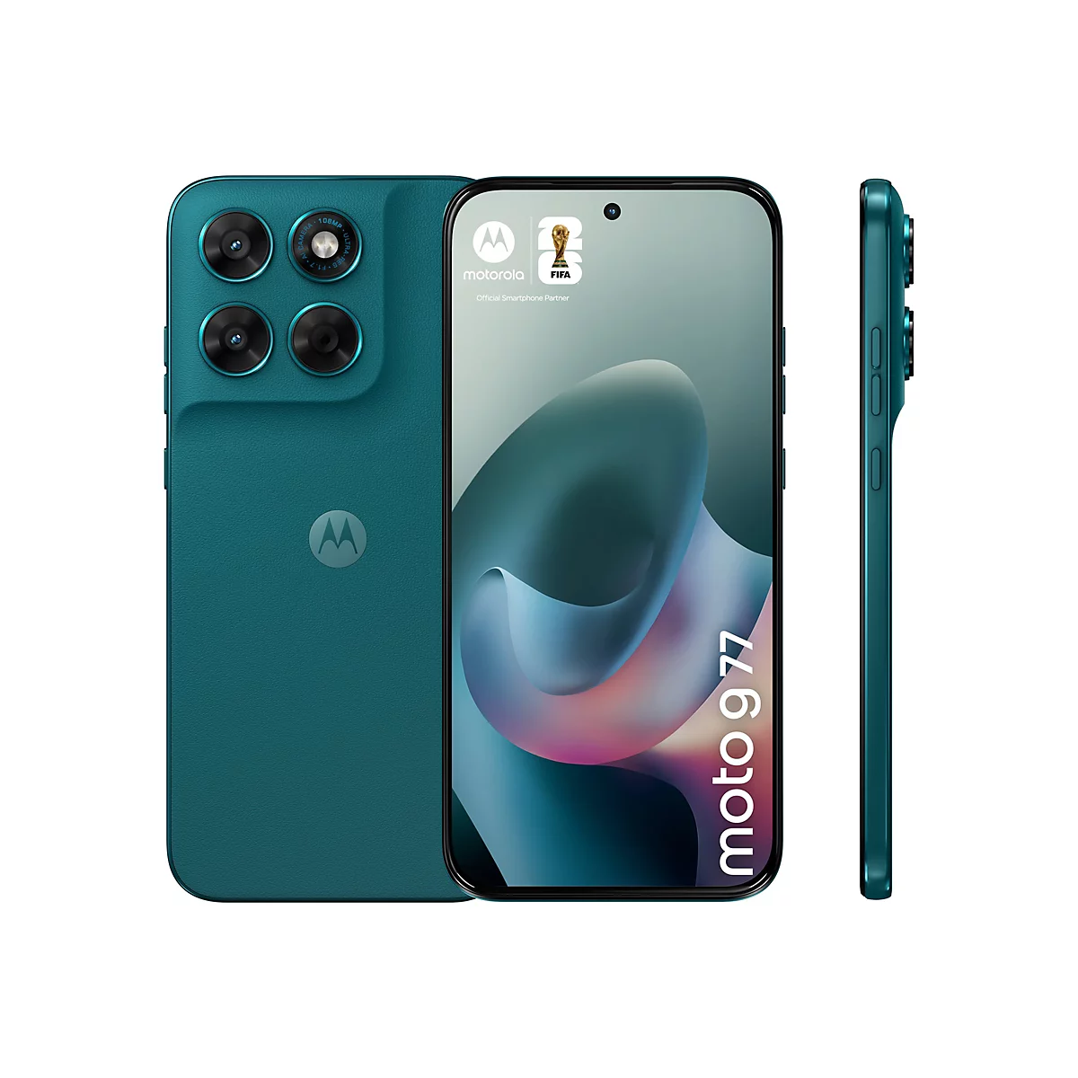 Türkisblaues Smartphone Moto 977 mit mehreren Kameras, Motorola-Logo, FIFA-Logo und Text.