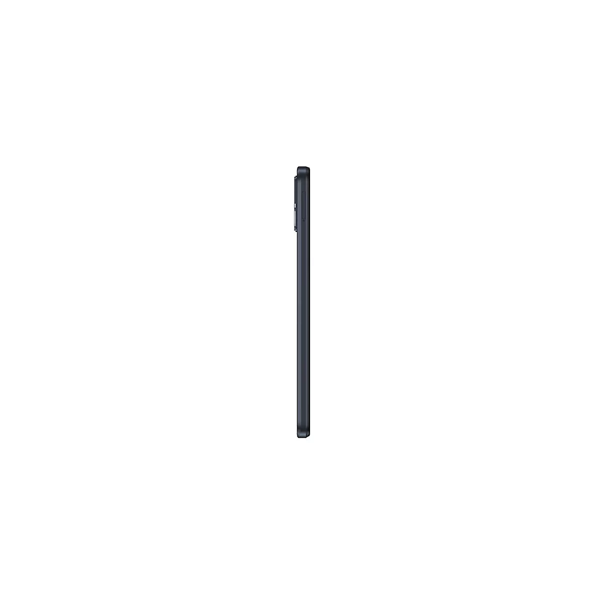 Dunkelgraues Smartphone, Seitenansicht, vor weiÃŸem Hintergrund.