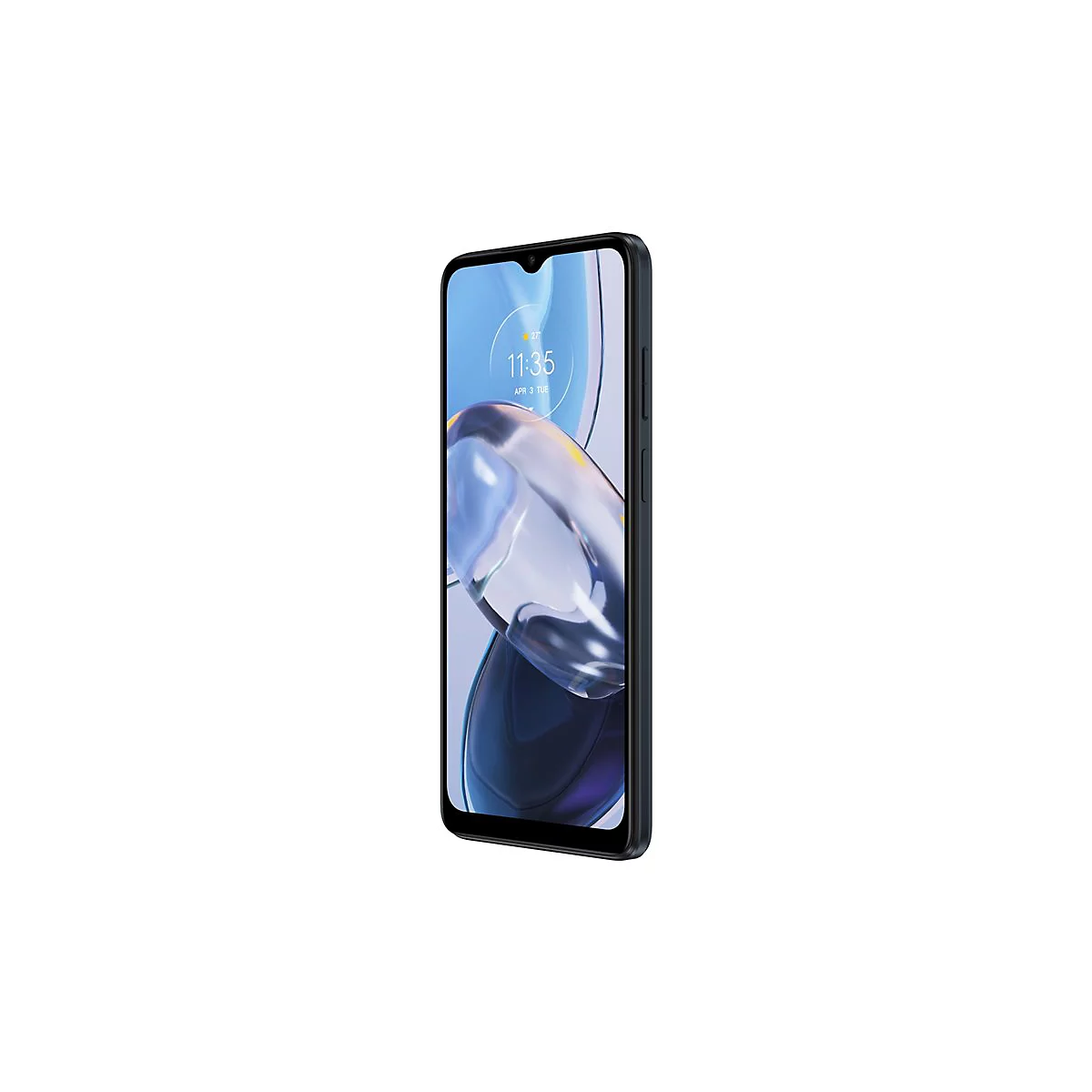 Dunkelblaues Smartphone im Profil. Das Display zeigt die Uhrzeit 11:35.