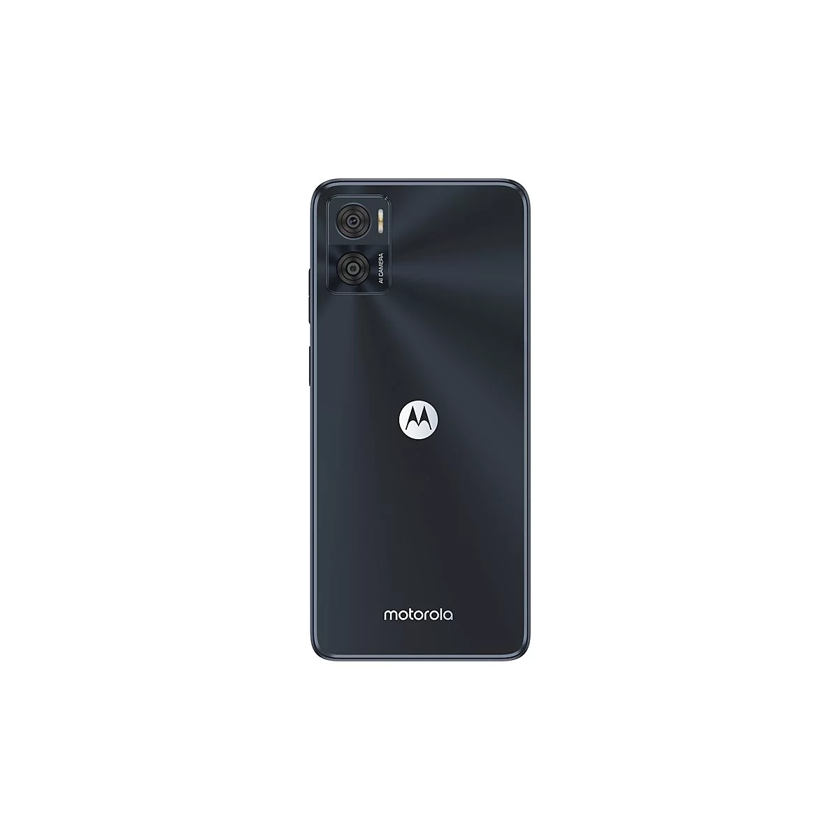 RÃ¼ckseite eines schwarzen Smartphones. Zwei Kameras oben links, Motorola Logo unten.