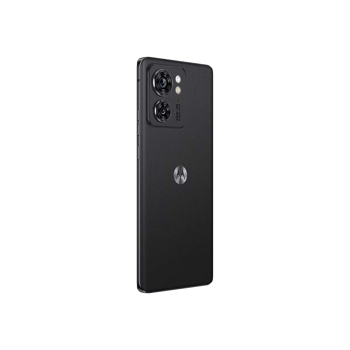 Schwarzes Smartphone. Rückseite mit Kamera, Motorola-Logo und Textur.