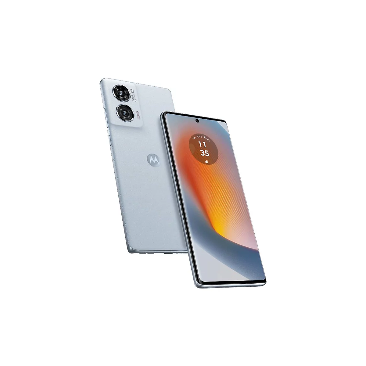 Hellblaues Smartphone mit zwei Kameras und Bildschirm mit Uhrzeit. Auf dem Display ist Dienstag, 11:35 Uhr angezeigt.