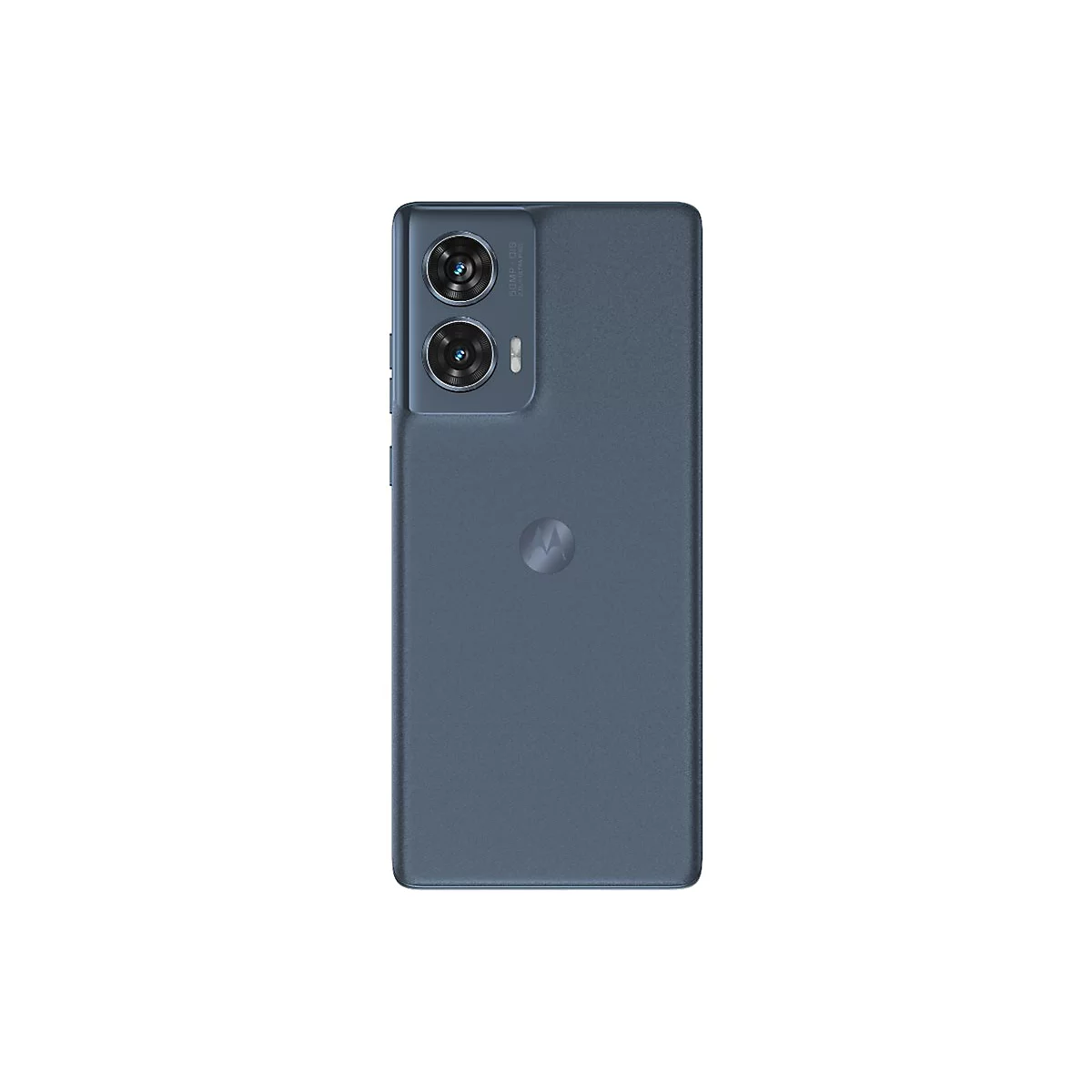 Rückseite eines blauen Smartphones mit Doppelkamera und Motorola-Logo.
