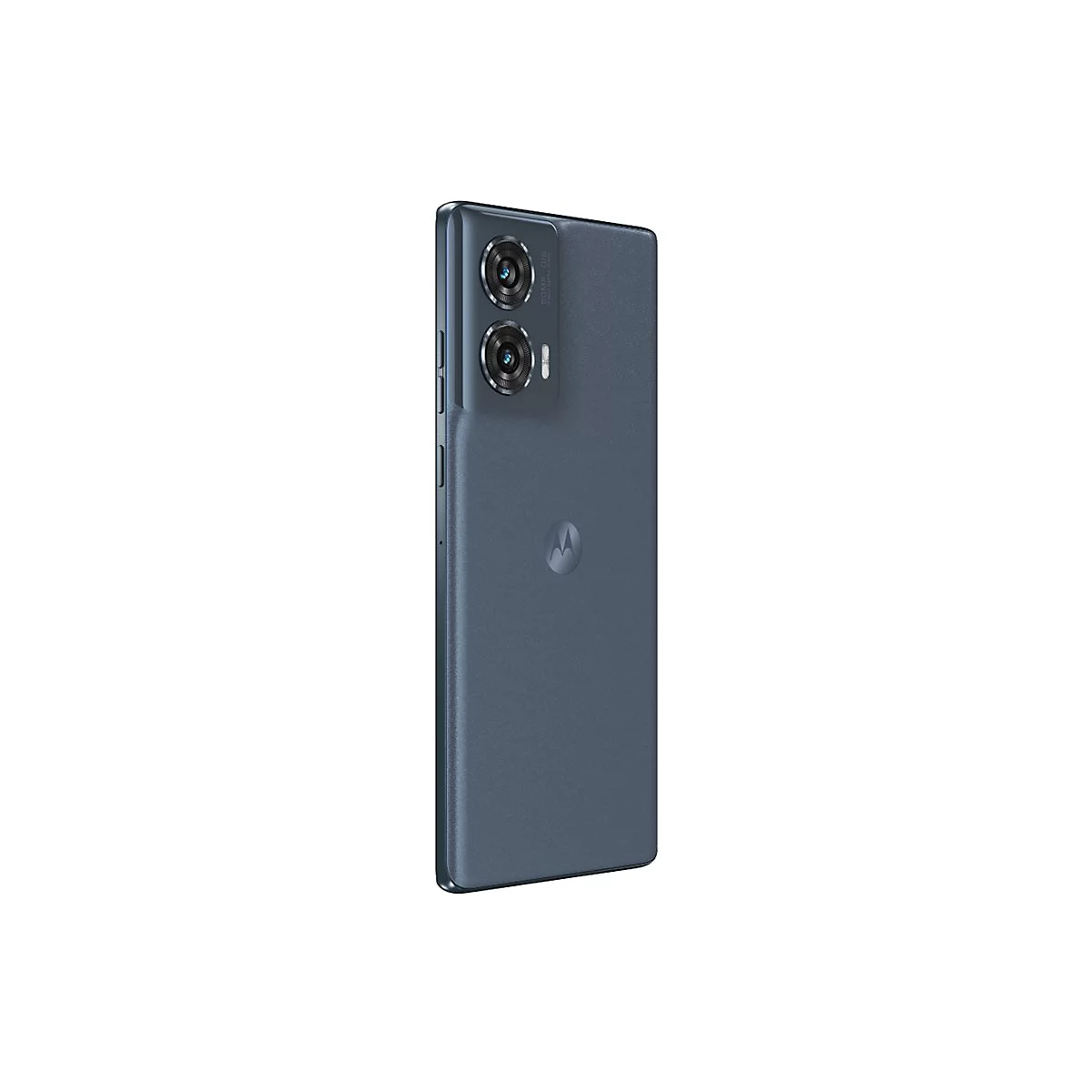 Dunkelblaues Smartphone vor weißem Hintergrund. Dual-Kamera oben, Motorola-Logo hinten.