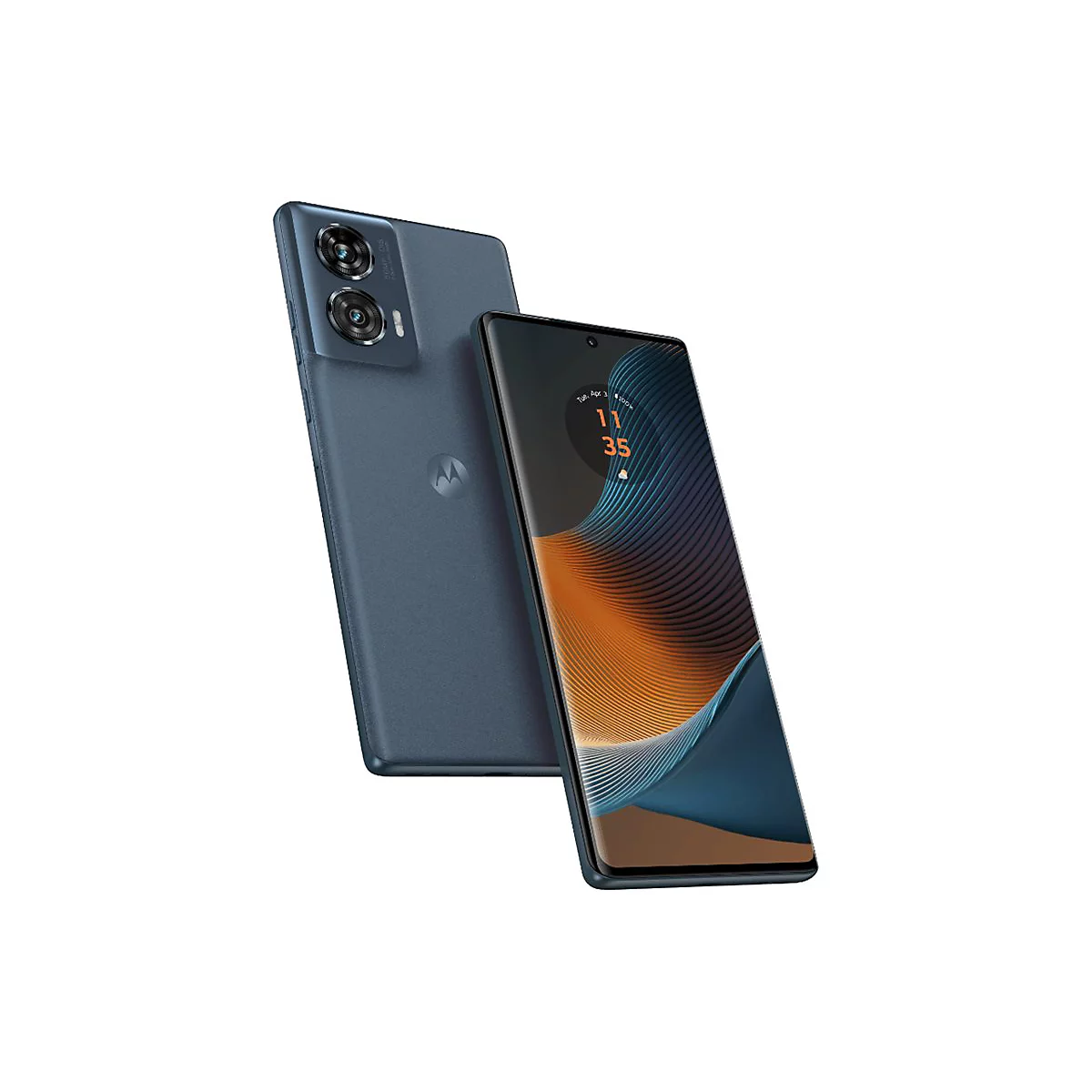 Zwei blaue Smartphones, eines mit Display, Uhrzeit 11:35. Hinteres Smartphone mit Kamera. Hell und clean.