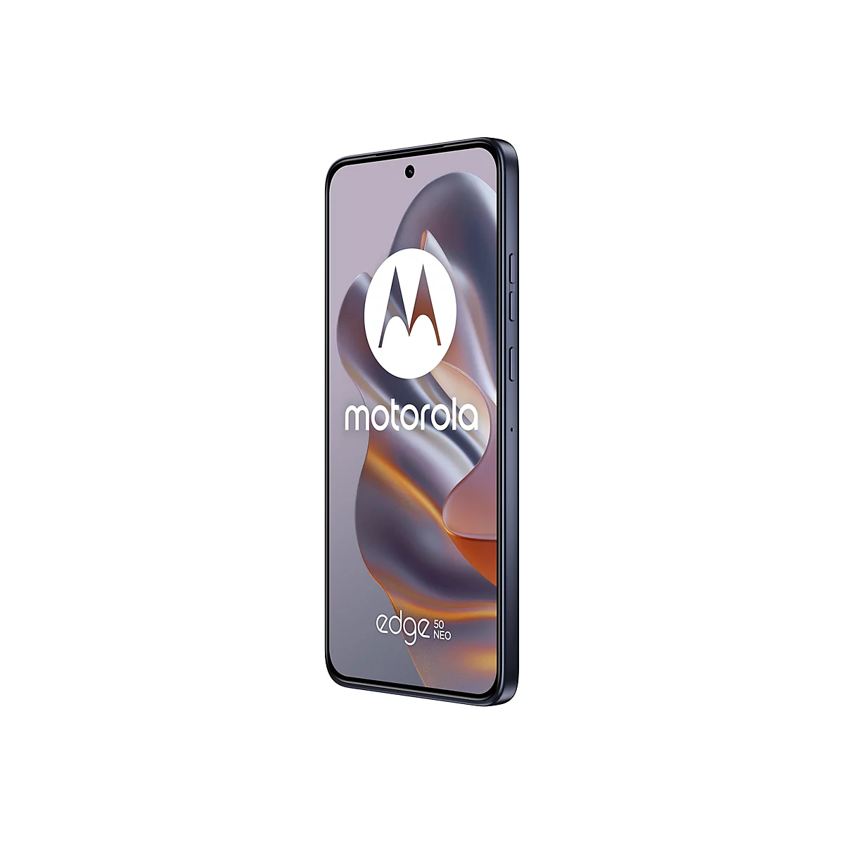 Ein Smartphone Motorola Edge 30 Neo, auf dem Display das Motorola Logo und Schriftzug, sowie der Schriftzug edge 30 neo.