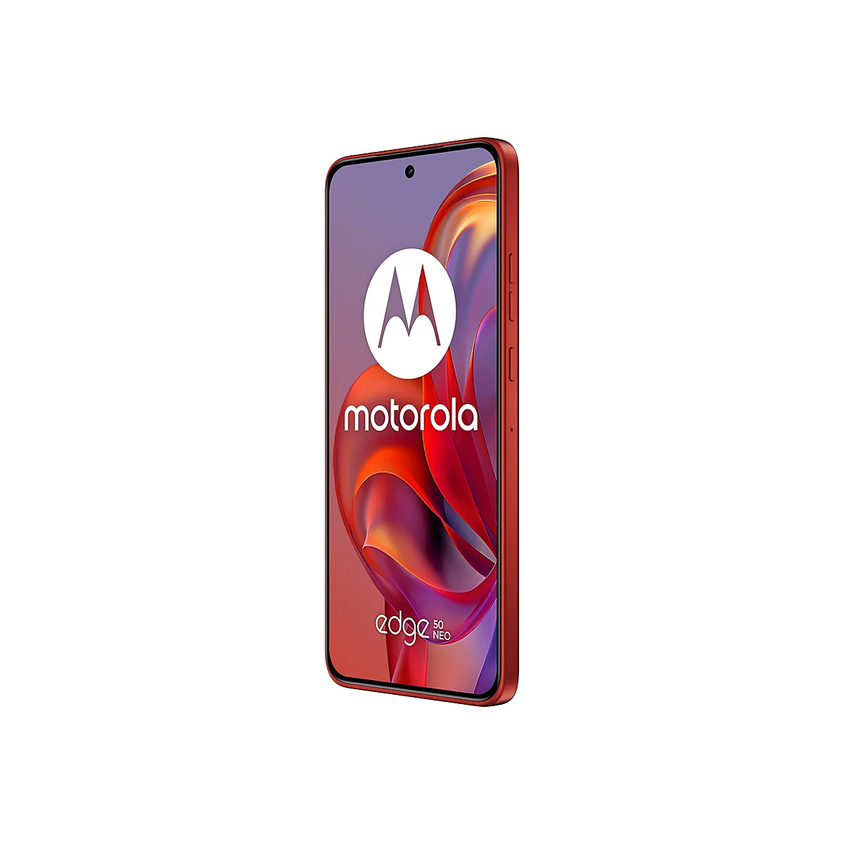 Rotes Motorola Edge 50 Neo Smartphone, Display mit Motorola Logo, roter Rahmen. Auf dem Display: Logo, Schriftzug "motorola" und "edge 50 neo".