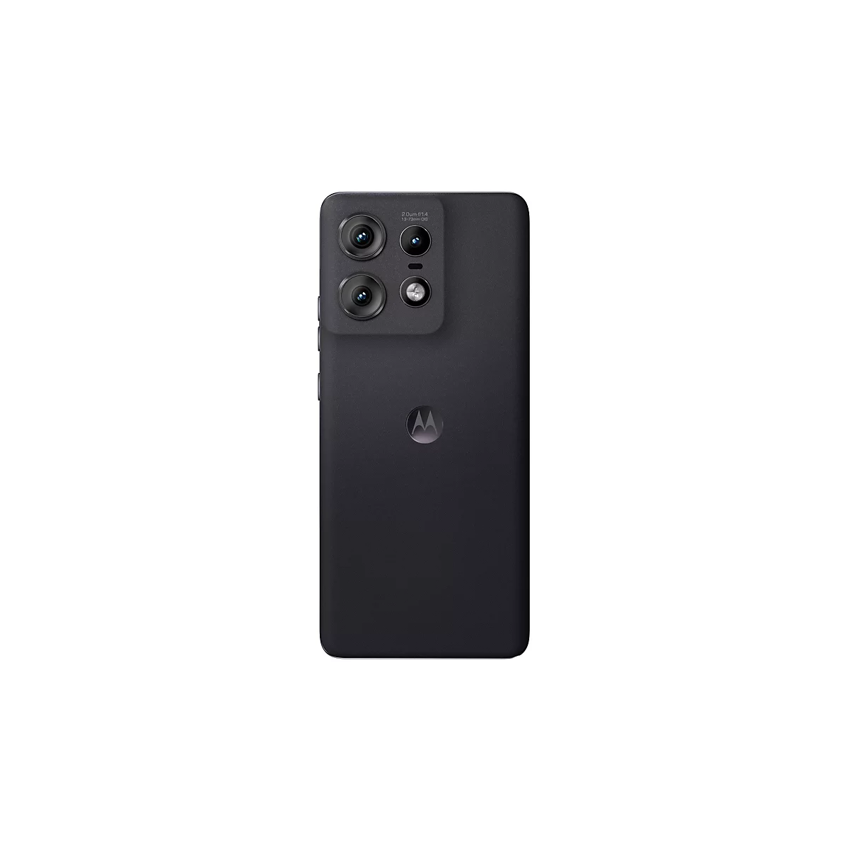 Dunkelgraues Smartphone-Rückseite mit vier Linsen, Motorola-Logo, hellem Hintergrund.