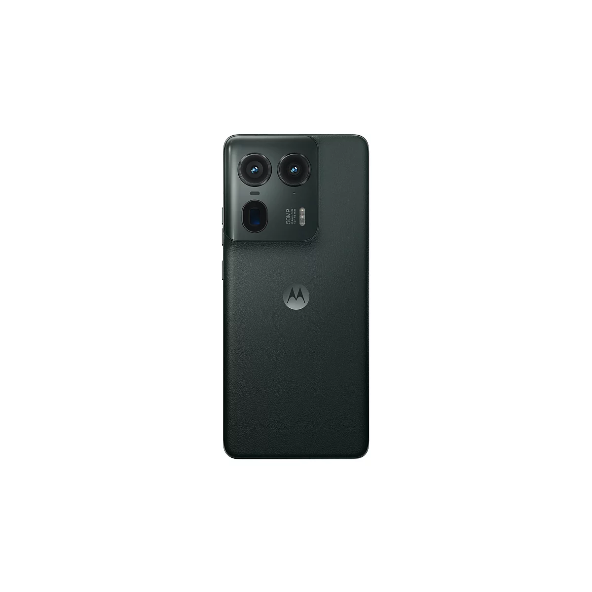 Dunkelgrünes Smartphone mit zwei Kameras, Motorola-Logo, Rückseite. Auf weißem Hintergrund.