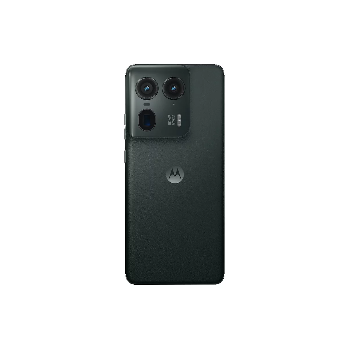Dunkelgrünes Smartphone mit drei Kameras, Motorola-Logo, Rückseite. 