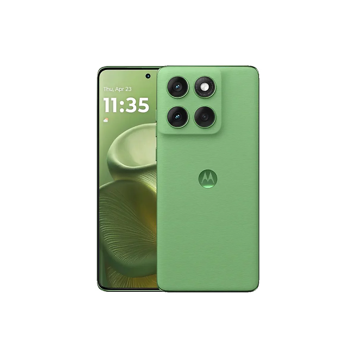 Hellgrünes Smartphone mit vier Kameras, die Uhrzeit 11:35 Uhr wird auf dem Display angezeigt.