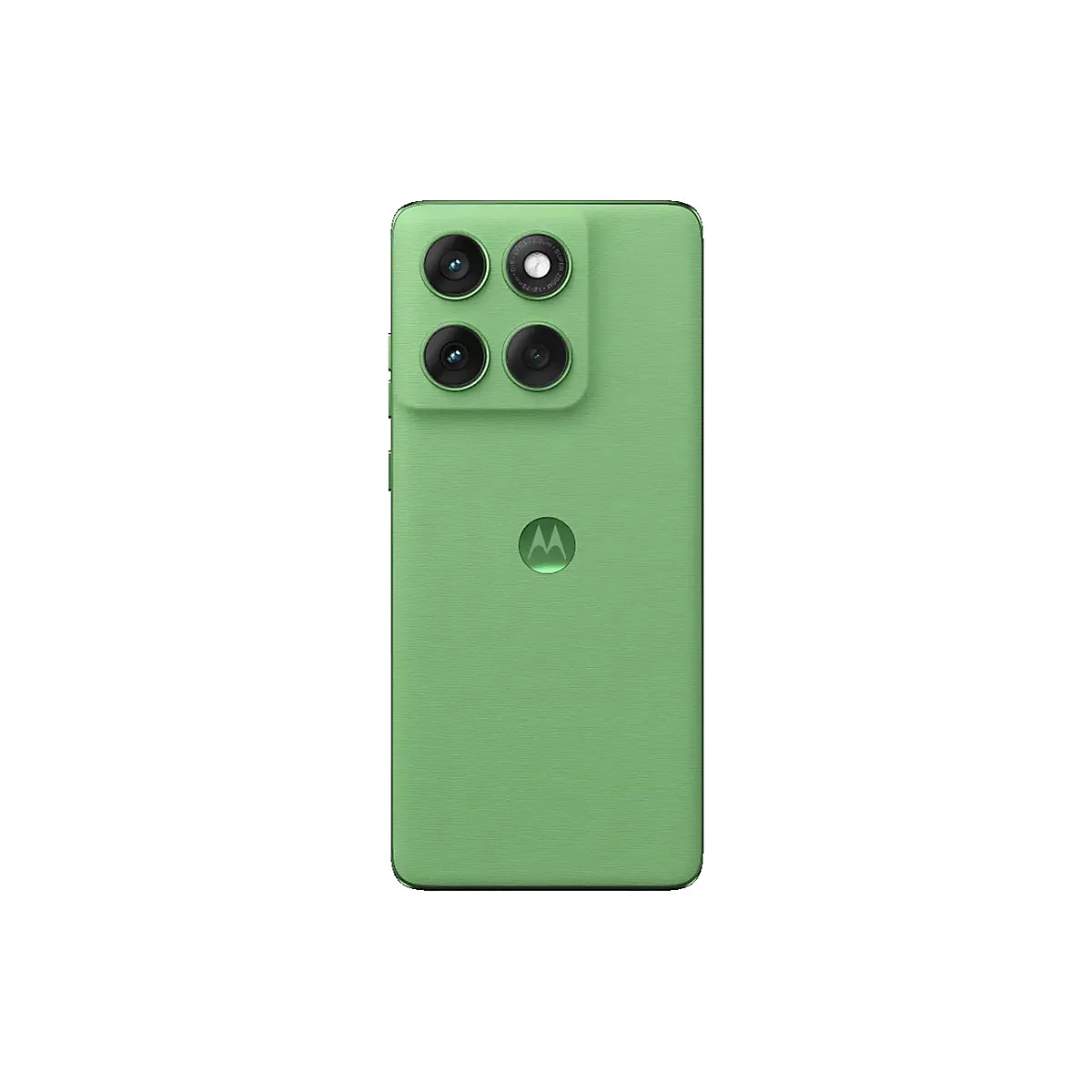 Rückseite eines hellgrünen Smartphones mit vier Objektiven und Motorola-Logo.
