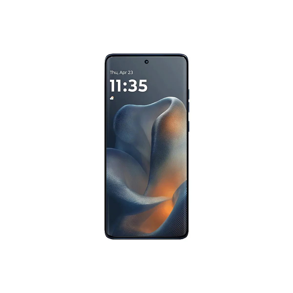 Smartphone-Display, Uhrzeit 11:35, blau-oranges abstraktes Muster.