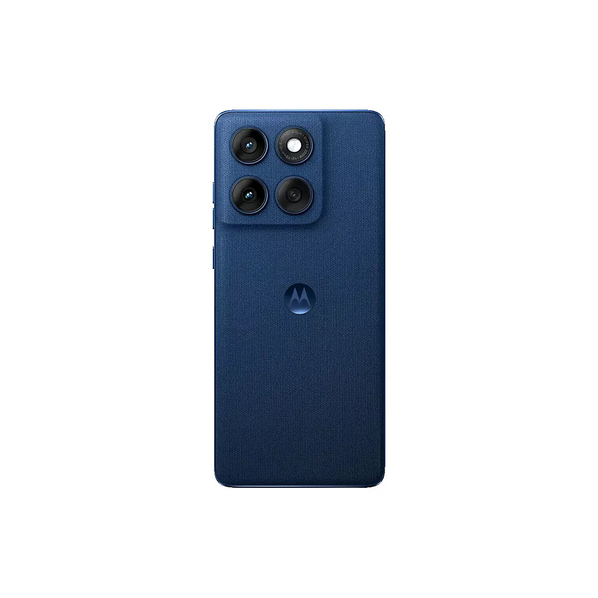 Dunkelblaues Smartphone mit vier Kameras und Motorola-Logo.