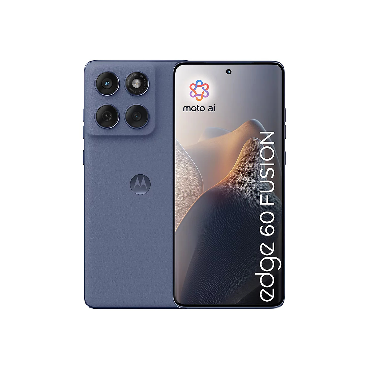 Blaues Motorola Edge 60 Fusion Smartphone, Rückseite mit Kameras, Display mit Schriftzug.