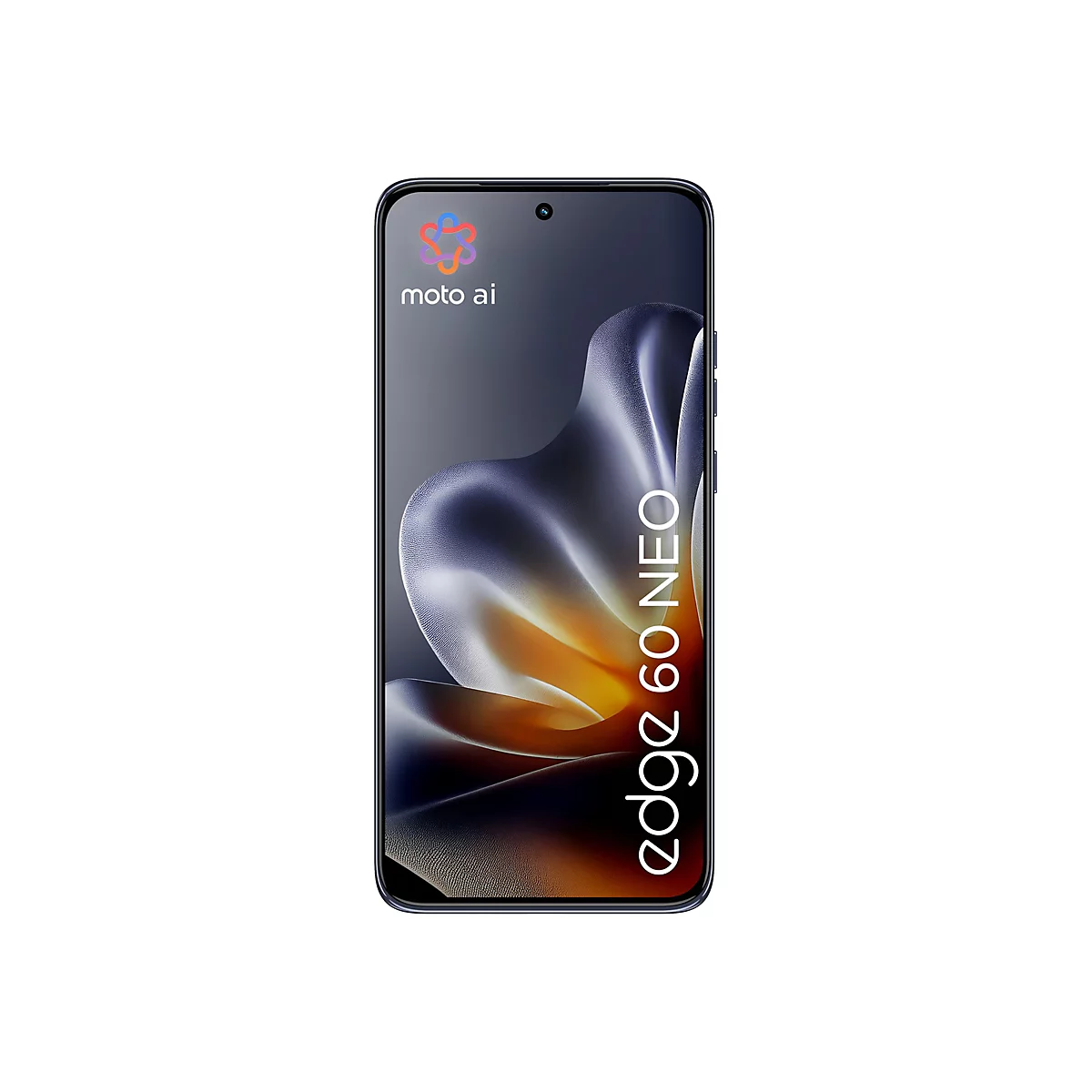 Ein schwarzes Smartphone mit dem Schriftzug "edge 60 NEO" in Weiß. Oben links das Logo "moto ai".