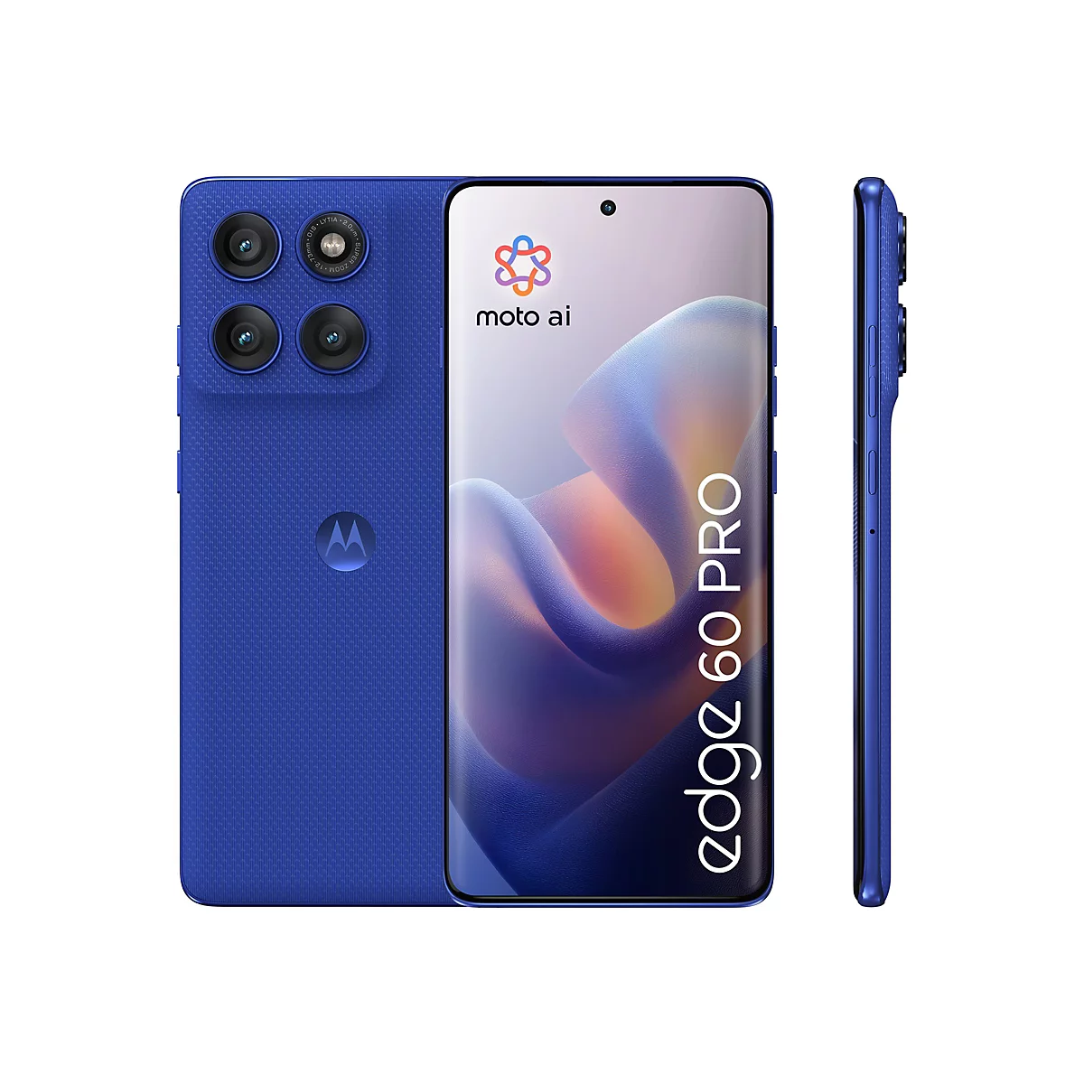 Blaues Smartphone Motorola Edge 60 Pro. Rückseite mit Kamera, Front mit Display und Text "moto ai".