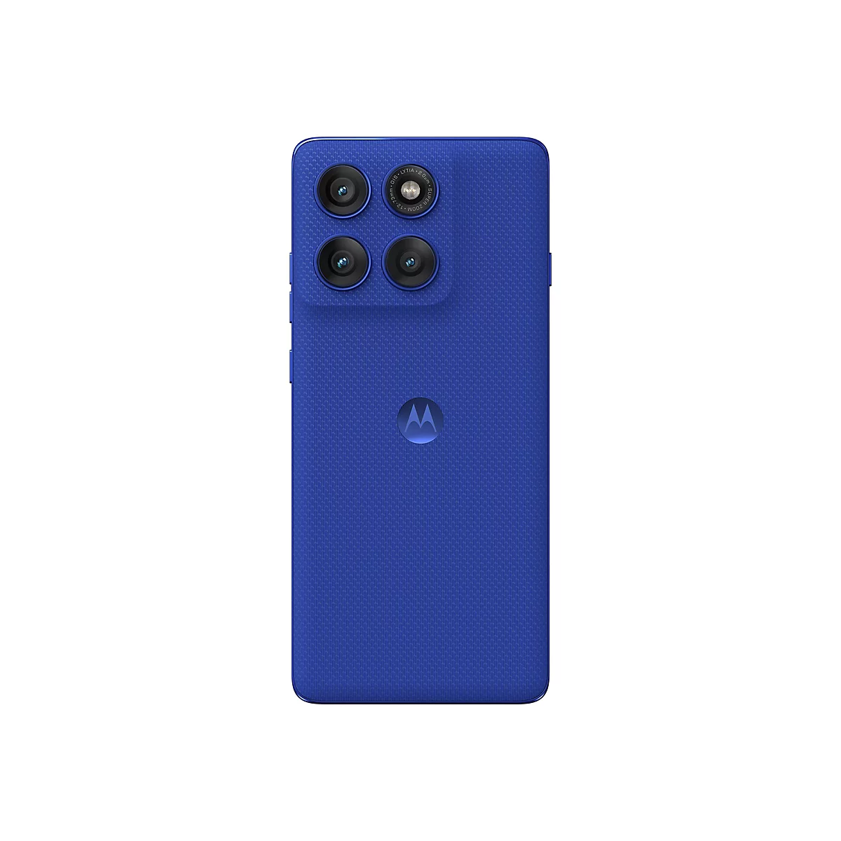 Rückseite eines blauen Smartphones mit vier Objektiven. Unten befindet sich das Motorola-Logo.