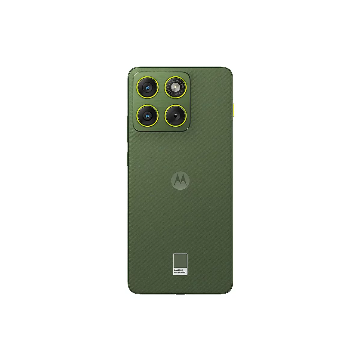 Rückseite eines olivgrünen Smartphones mit vier Kameras, gelben Rändern und Motorola-Logo.