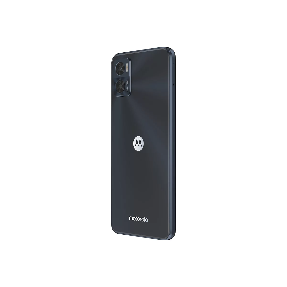 Dunkelgraues Smartphone-Rückseite mit Motorola-Logo, Doppelkamera, weißem Logo und Text 'AI CAMERA'.
