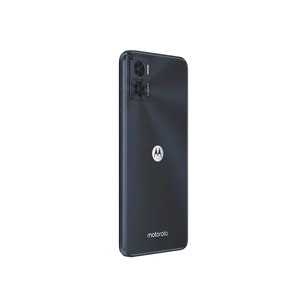 Dunkelgraues Smartphone mit Motorola-Logo und Dual-Kamera. Aufschrift: AI CAMERA.