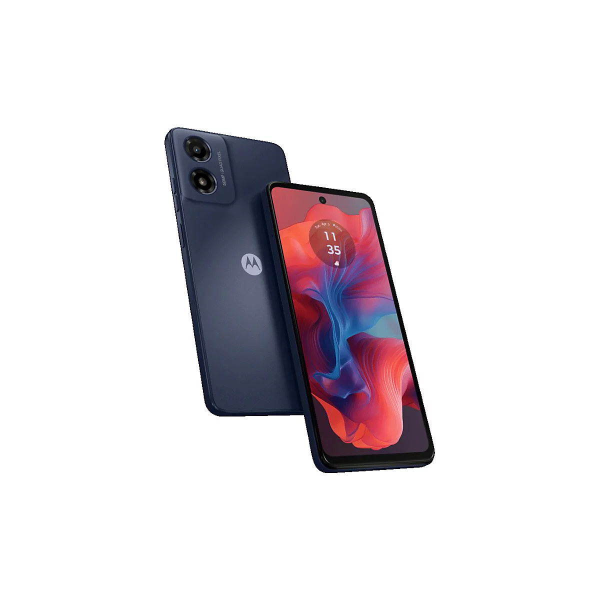 Zwei blaue Smartphones, eines leicht geneigt, mit rotem Display und Uhrzeit. Auf der Rückseite sind Kameras und das Logo.