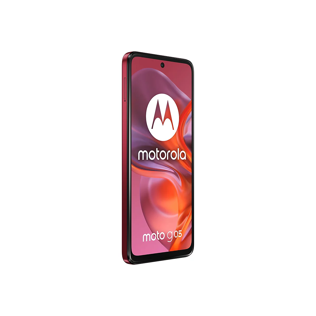 Motorola Moto g05 Smartphone, rot, Ansicht von vorne mit Logo und Schriftzug. Auf hellem Hintergrund.