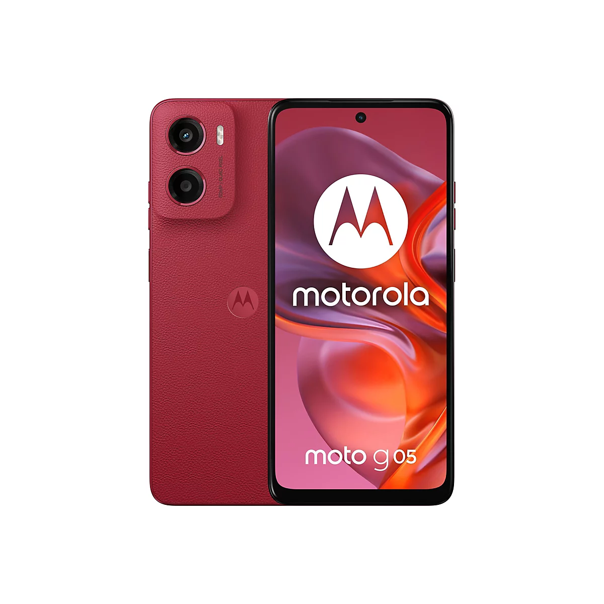 Ein rotes Motorola Moto G05 Smartphone wird vor weißem Hintergrund von vorne gezeigt. Auf dem Bildschirm sind Logo und Schriftzüge zu sehen.