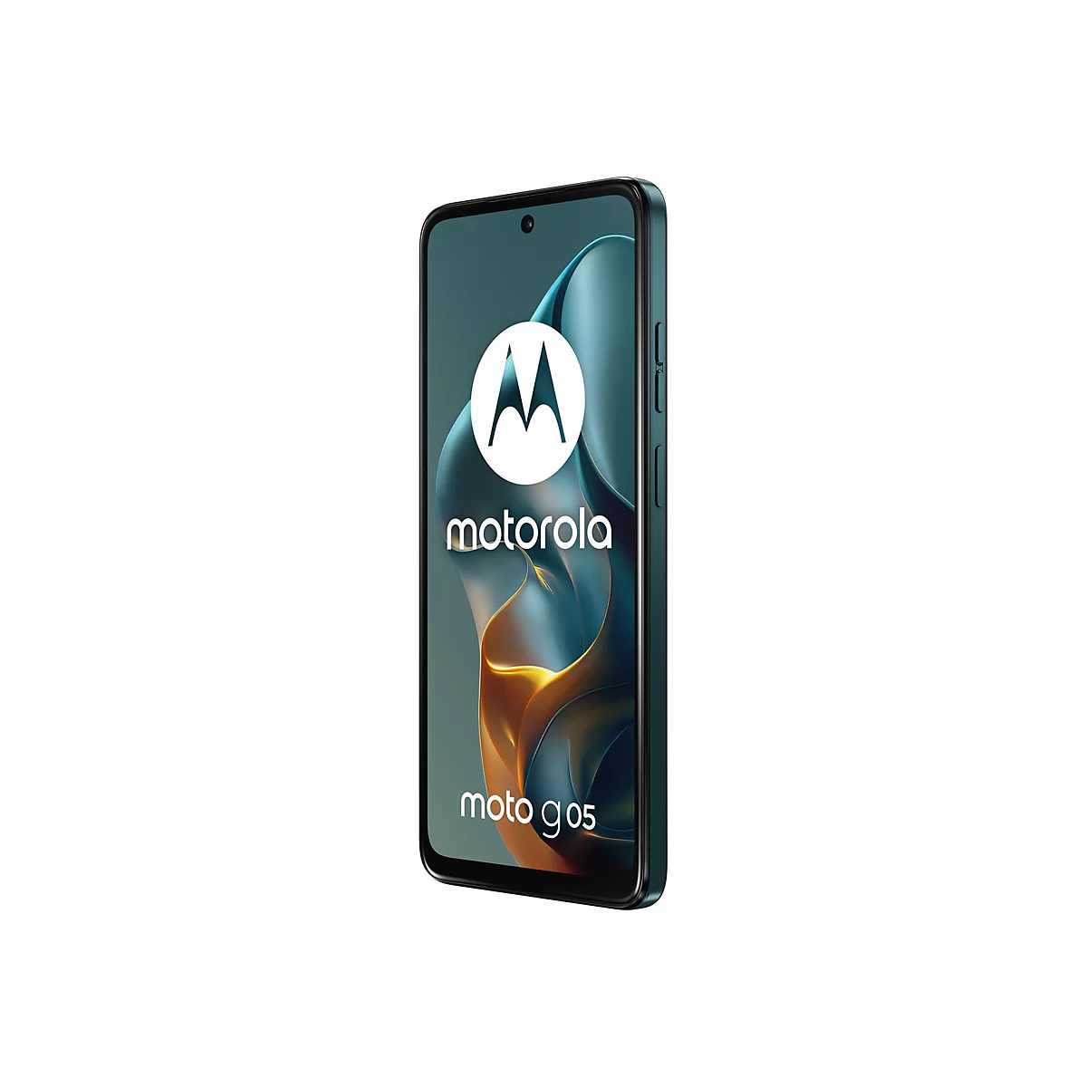 Smartphone Motorola Moto g05, blau. Auf dem Display Logo und Schriftzug Motorola.