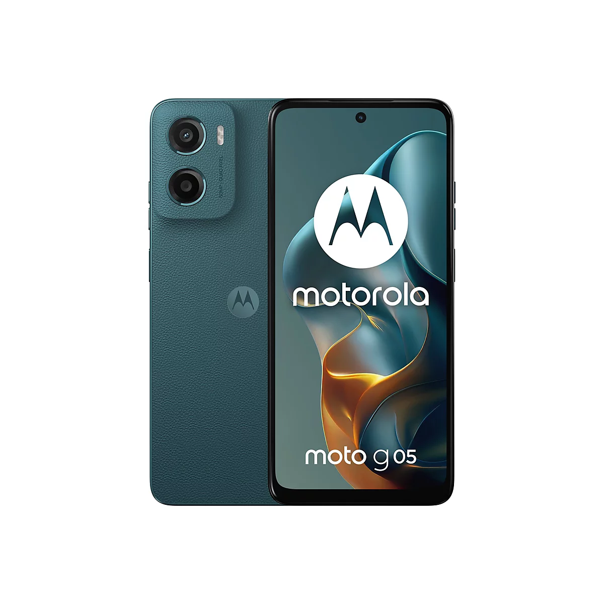 Ein grünes Motorola Moto G05 Smartphone wird vor weißem Hintergrund präsentiert. Das Display zeigt das Motorola-Logo und den Schriftzug Moto G05.