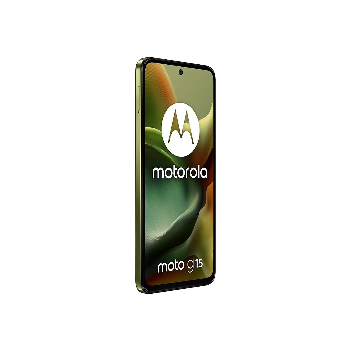Motorola Smartphone, grün. Auf dem Display ist das Motorola Logo und Schriftzug, sowie Moto g15 zu sehen.