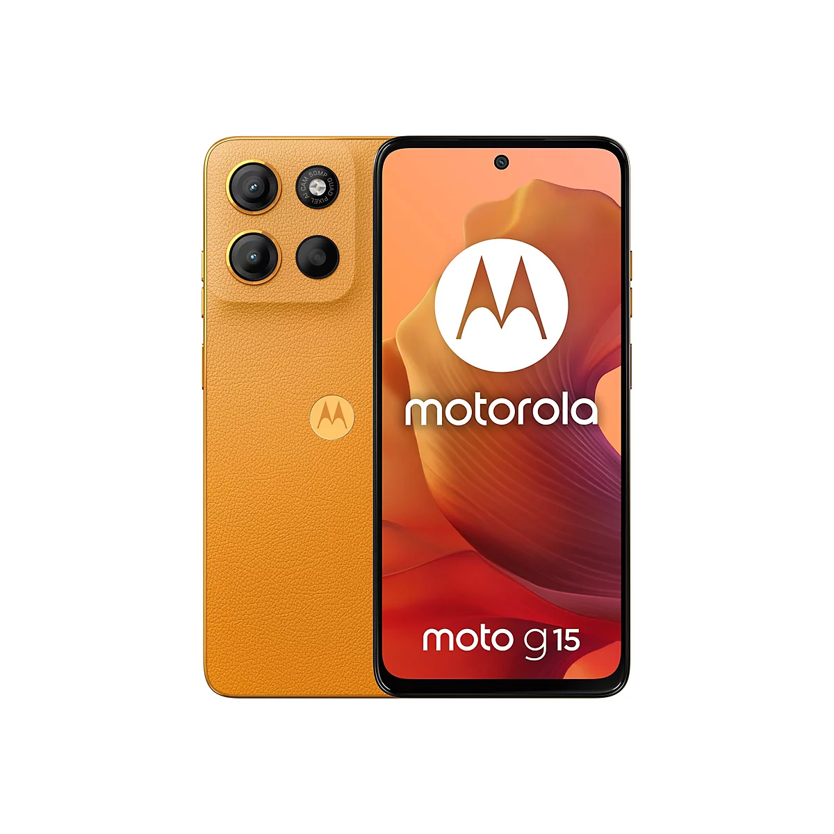 Gelbes Motorola Smartphone, Vorder- und Rückseite gezeigt. Auf dem Bildschirm Logo und "moto g15".
