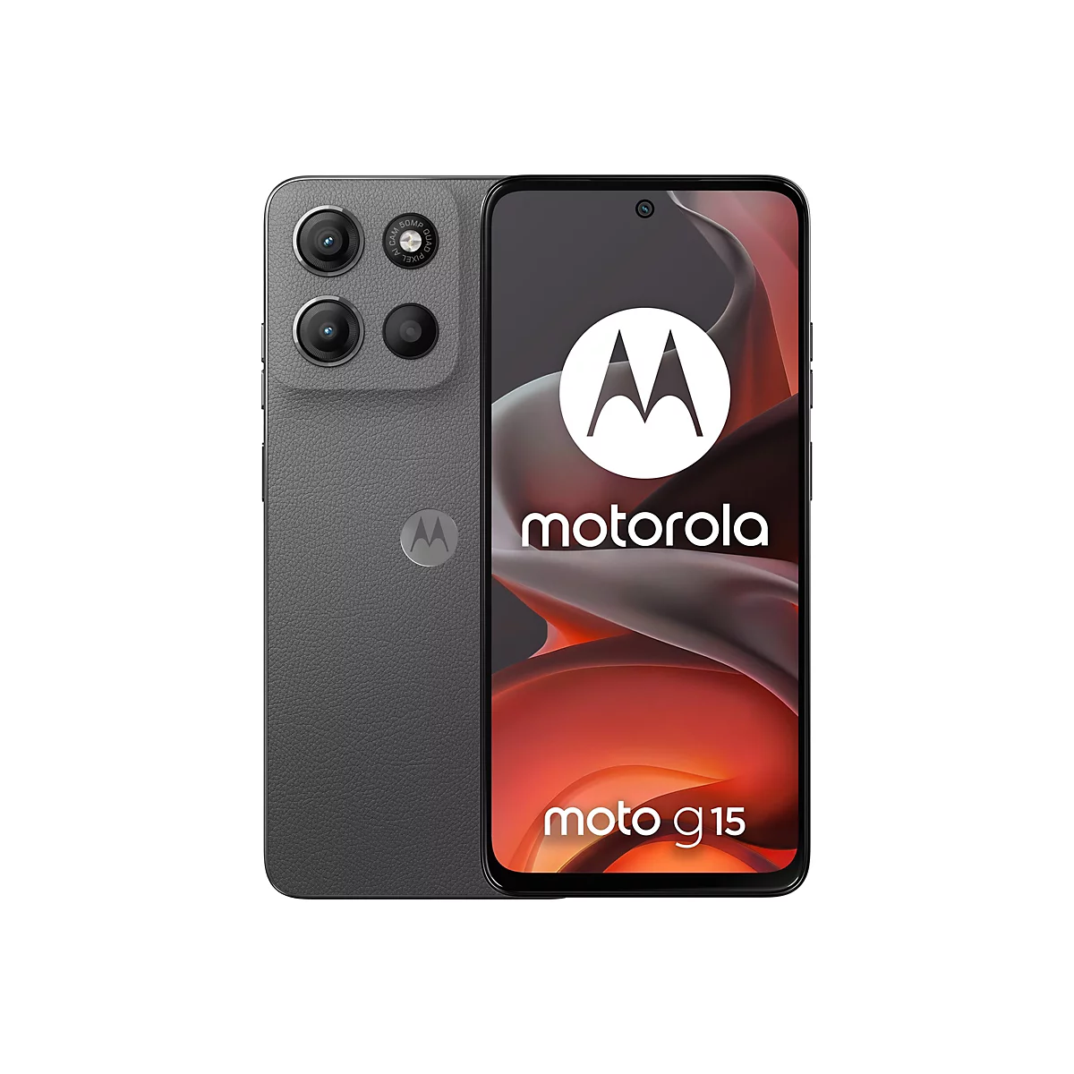 Graues Motorola Moto G15 Smartphone, Kameras auf der Rückseite, Logo und Schriftzug auf dem Display.